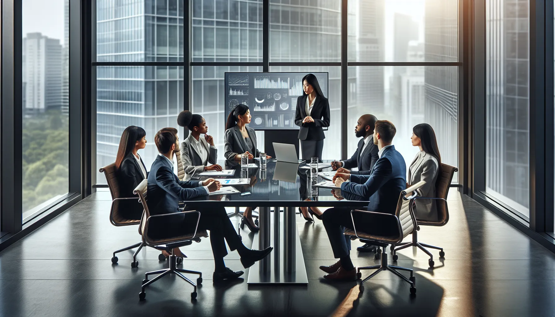 diverse team strategizing challenges in a modern conference room.