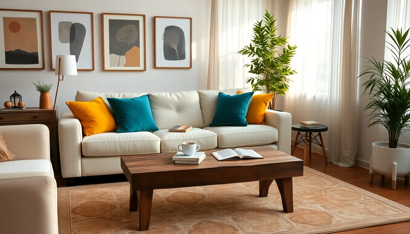 a cozy living room with stylish furniture and warm lighting.
