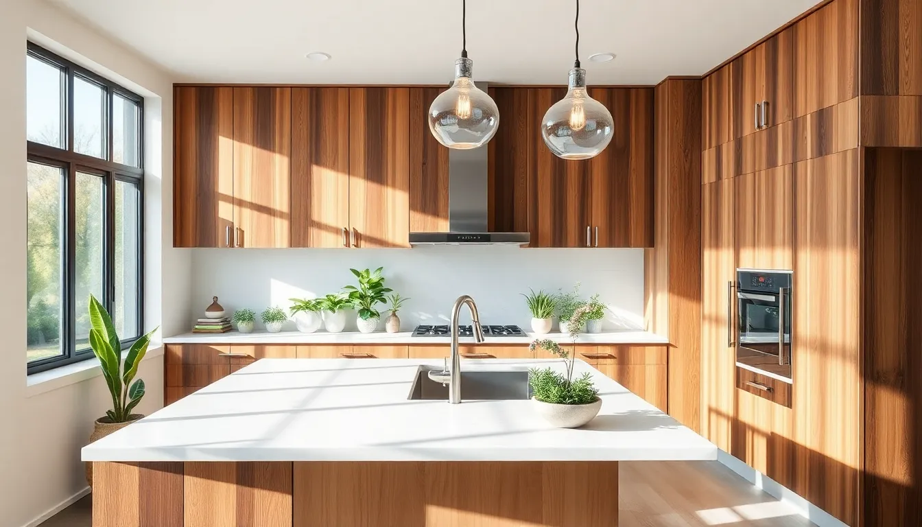 modern kitchen with sustainable materials and bright natural light.