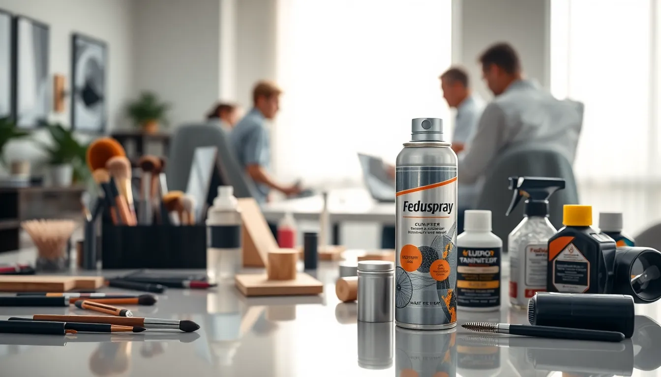 workspace showcasing Feduspray next to beauty and automotive tools.