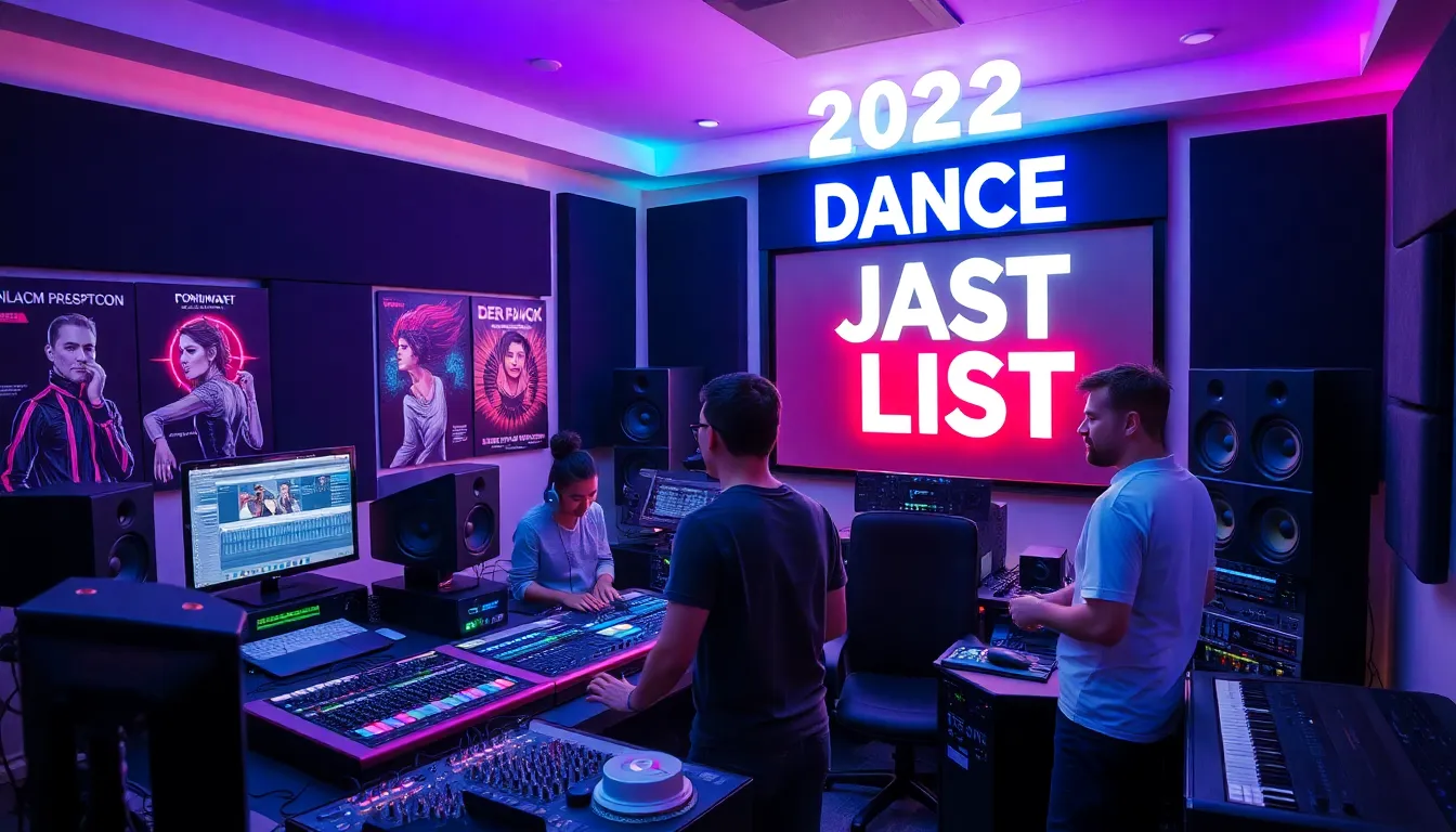 diverse group in a music studio collaborating on a dance playlist.