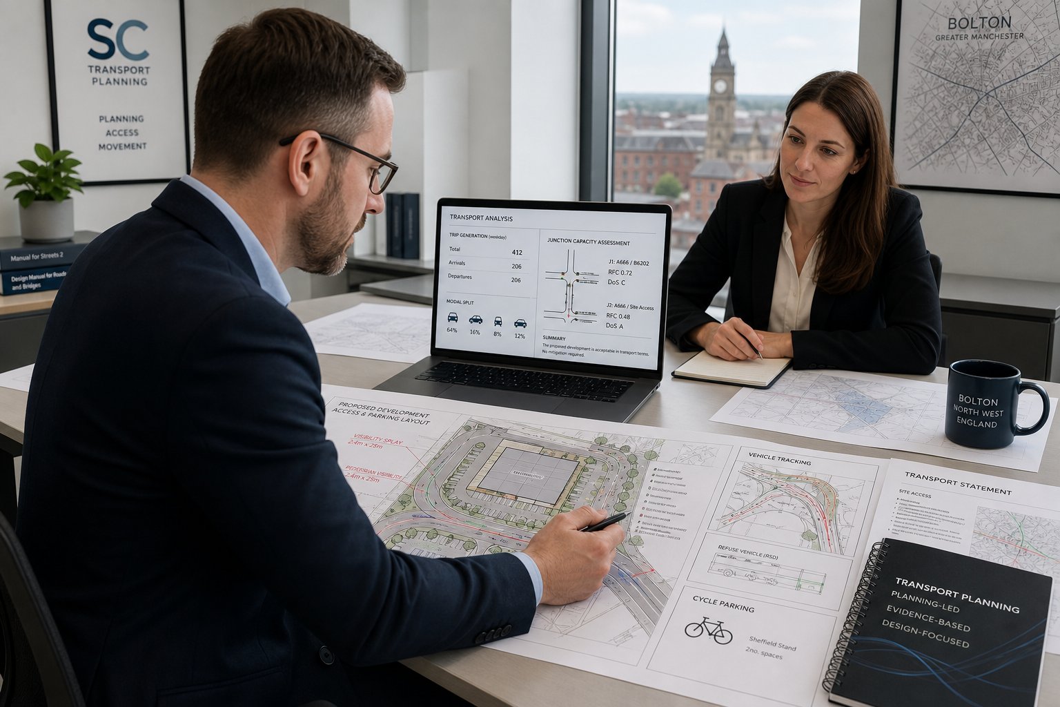 Traffic engineer reviewing planning and transport plans in a modern office.