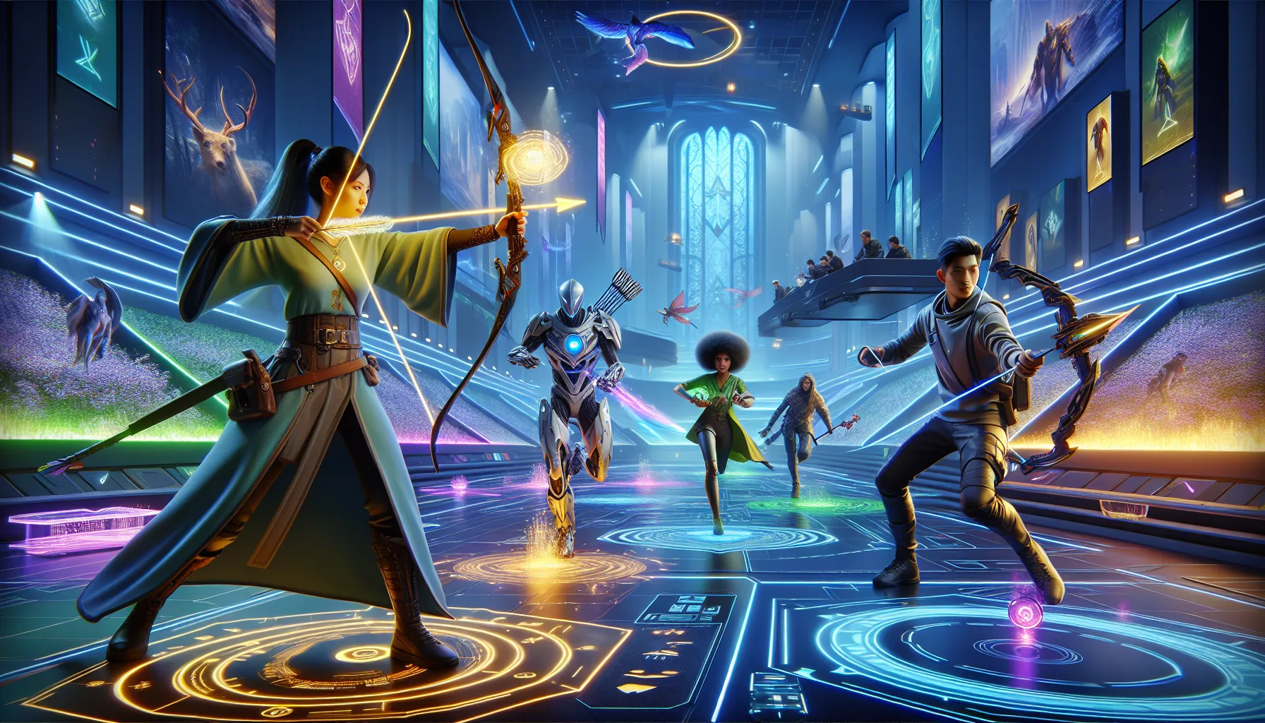 diverse players competing in a vibrant video game arena.