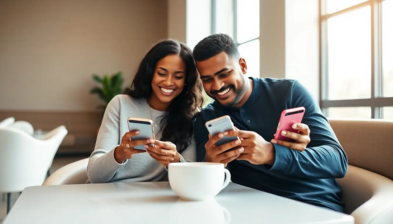 couple happily using the CoupleMyLove2 app in a modern café.