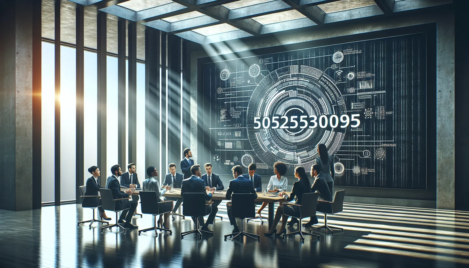 diverse professionals discussing the significance of a number in a modern office.