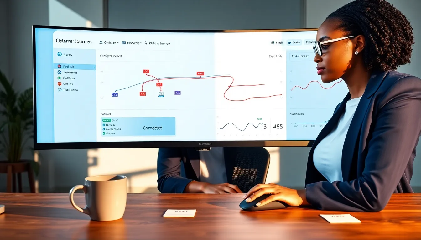 Marketer reviews unified attribution dashboard linking ads, email, SMS, and site.