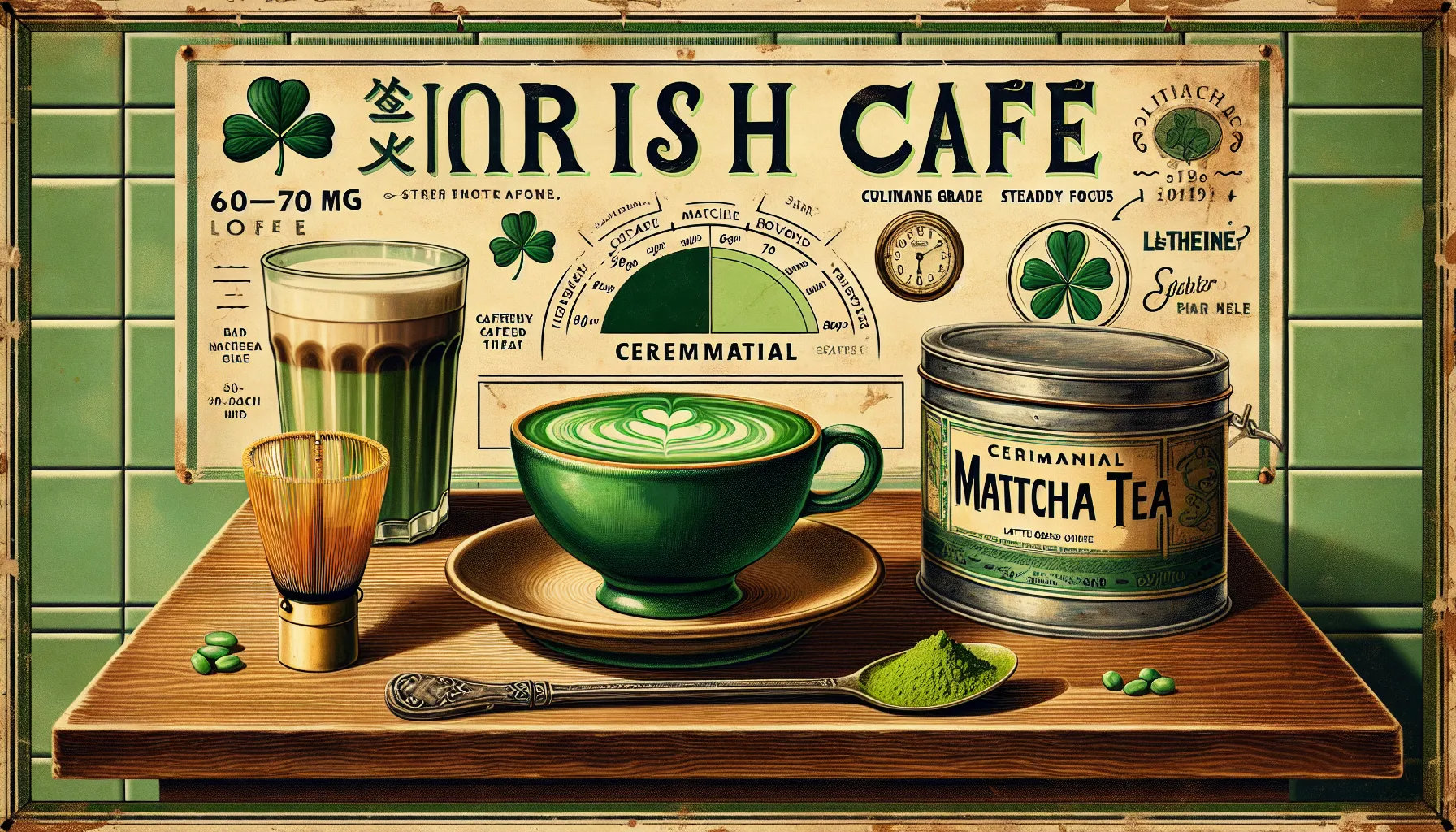 Vibrant matcha bowl and latte on a vintage Irish café counter.