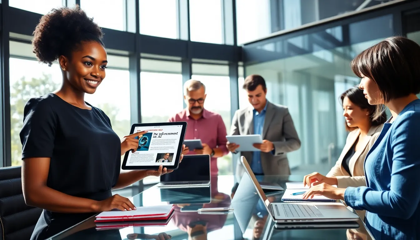 diverse professionals discussing articles in a modern office.