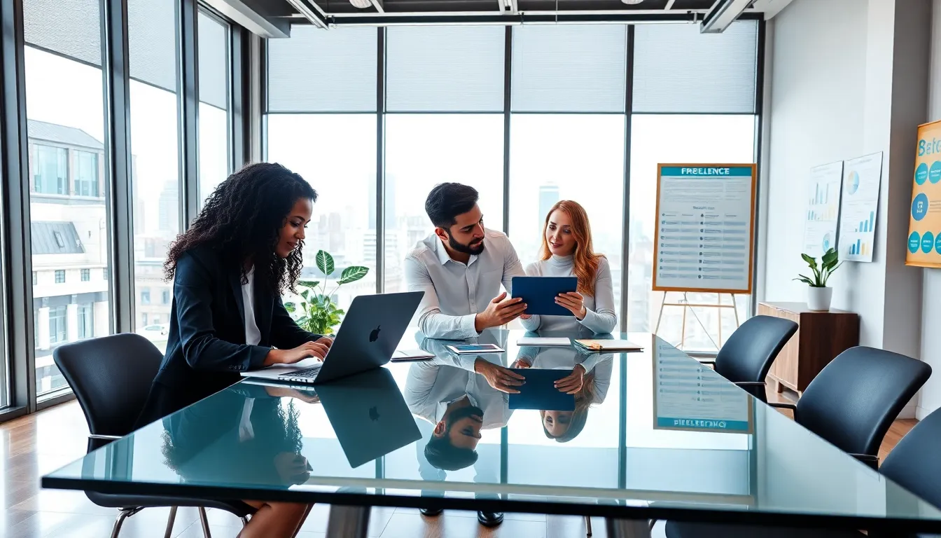 diverse freelancers collaborating in a modern workspace.