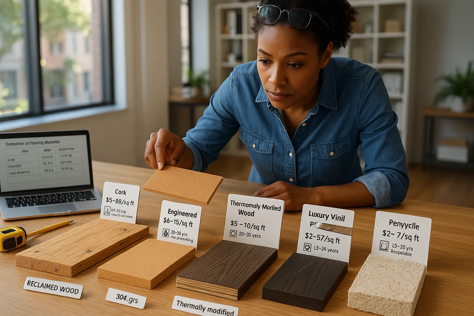 Designer comparing cork, reclaimed wood, engineered wood, hempcrete, and vinyl samples.