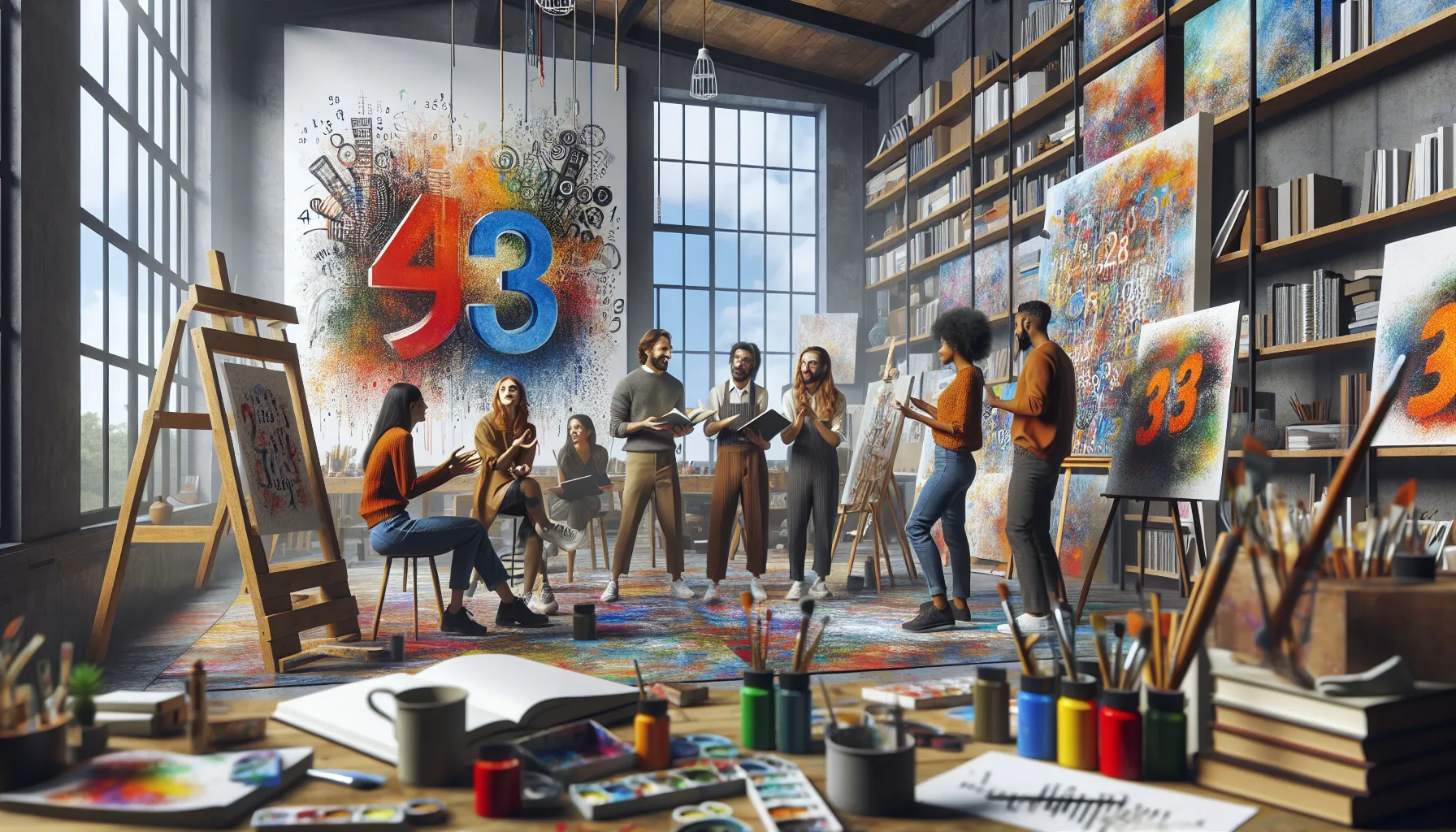 diverse artists discussing creativity and numbers in a bright studio.