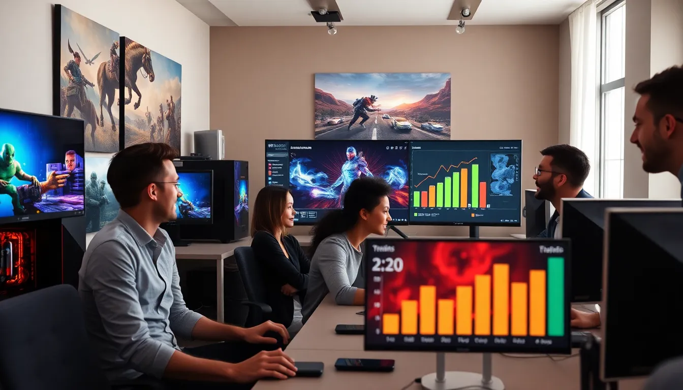 diverse team discussing gaming technology in a modern workspace.