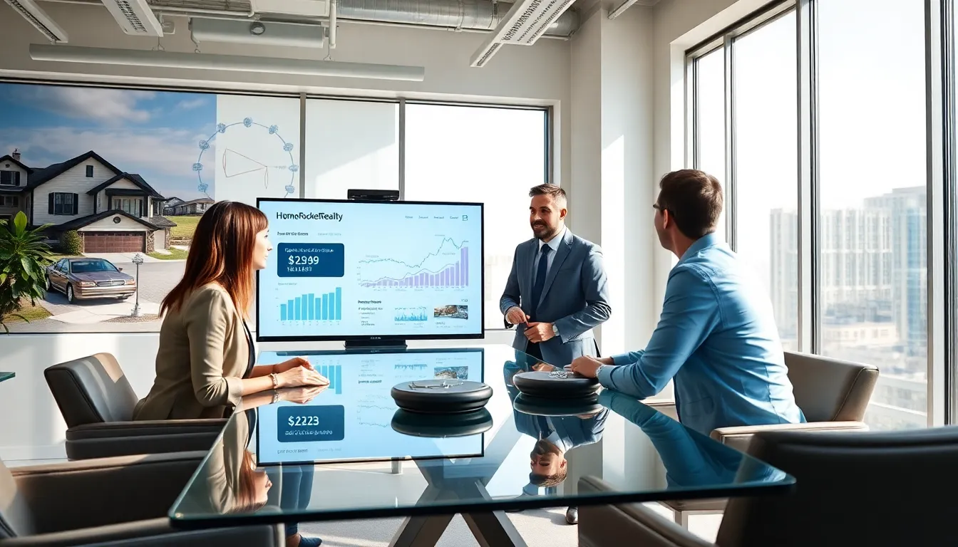 Timothy discussing real estate with clients in a modern office.