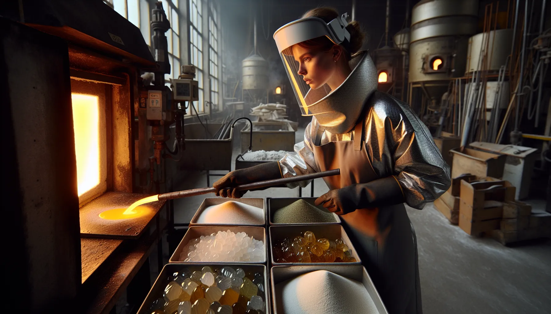 Norwegian glassworker gathers molten glass beside trays of silica, soda, limestone.