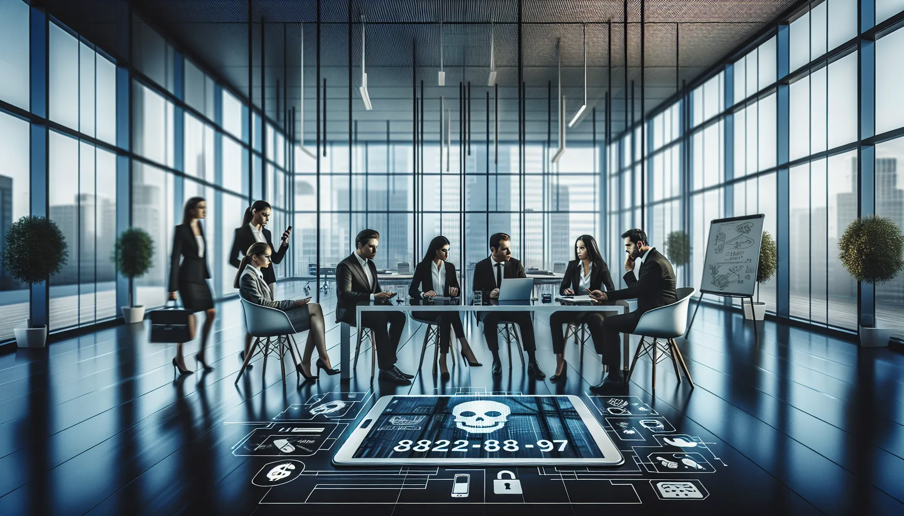 team discussing phone scams in a modern office setting.