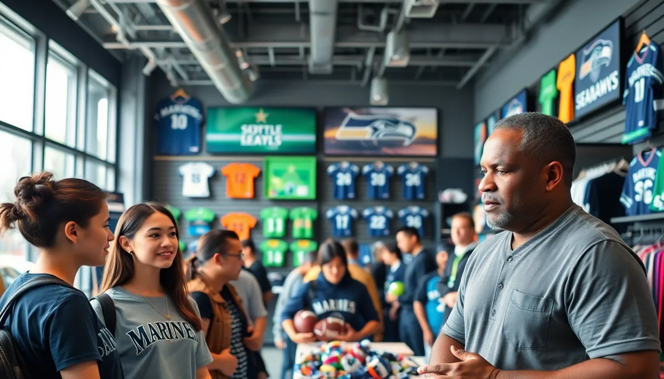 diverse customers exploring sports memorabilia in a modern store.