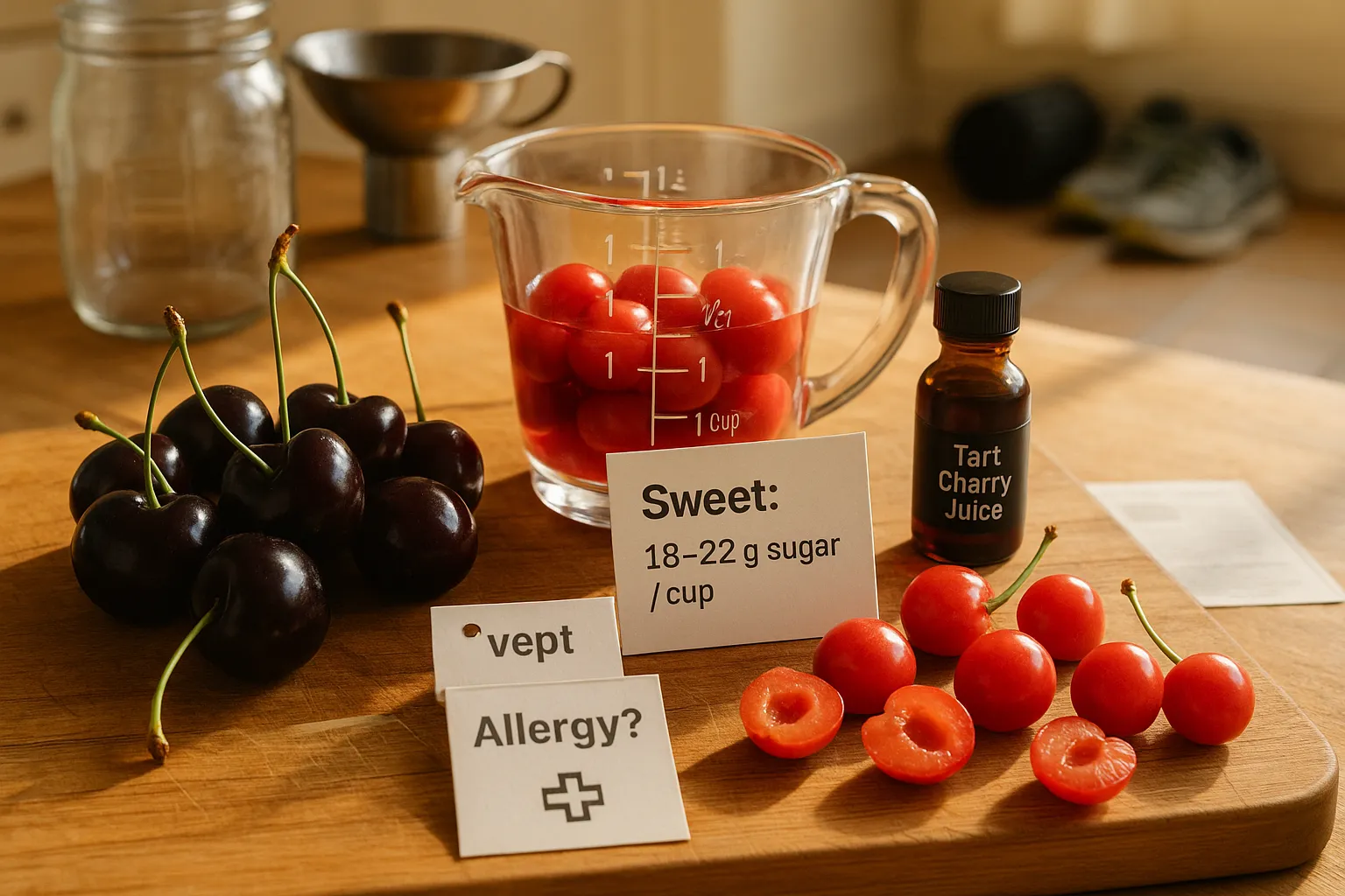 Two piles of sweet and tart cherries on a kitchen board with nutrition note.