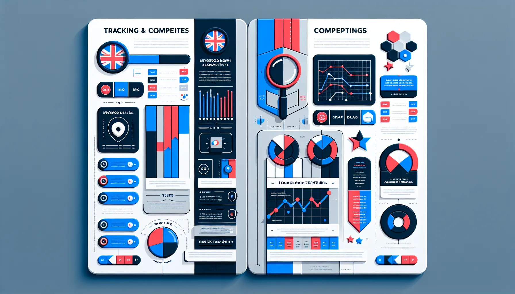 Two-column UK-themed infographic of website ranking tracker features and workflow.