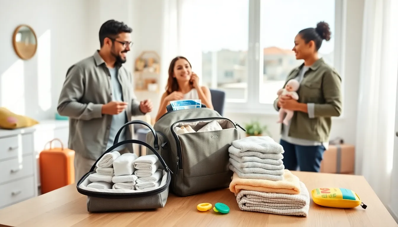 family organizing baby travel gear in a modern nursery.
