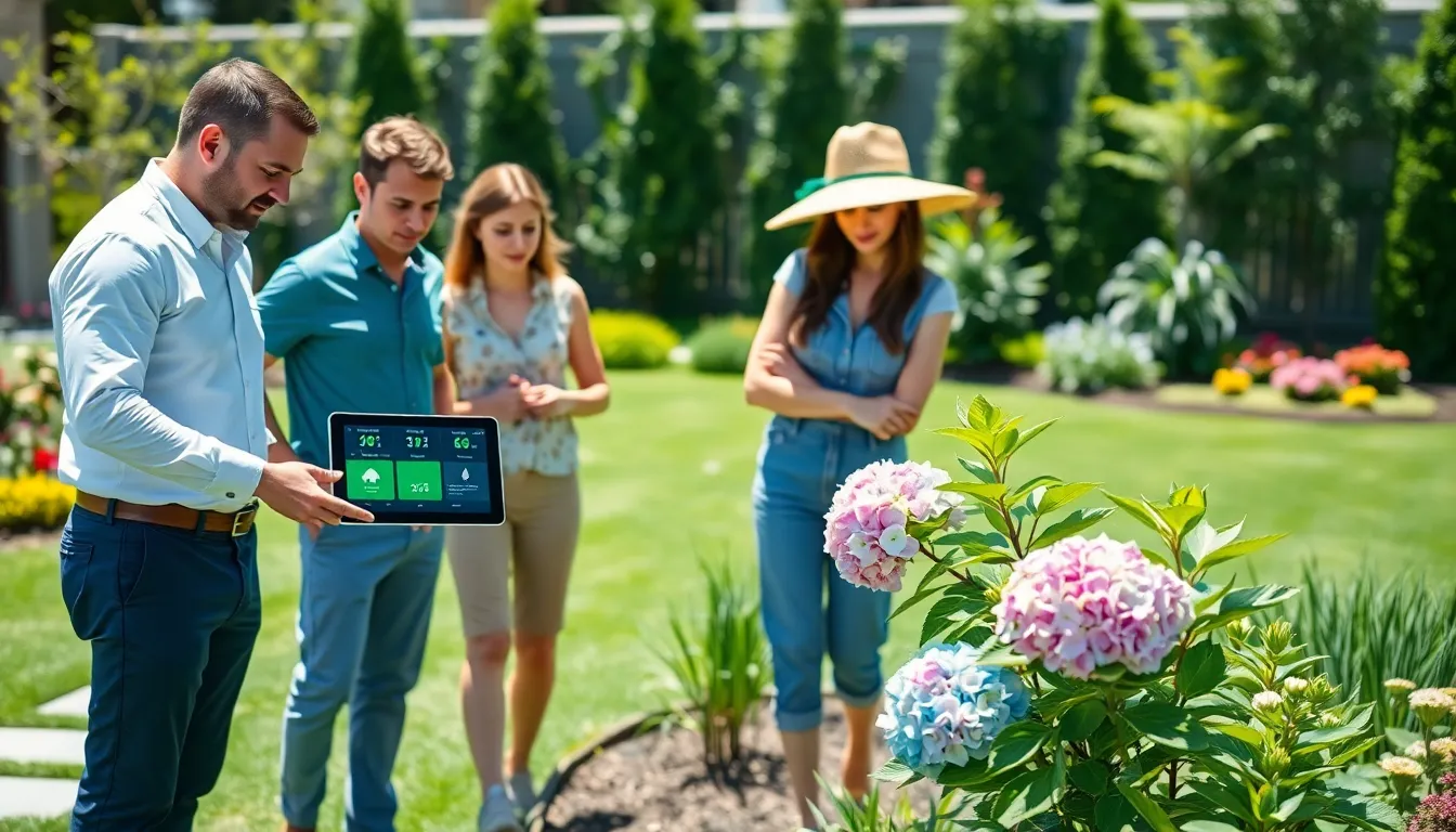 professionals using smart irrigation technology in a modern garden.
