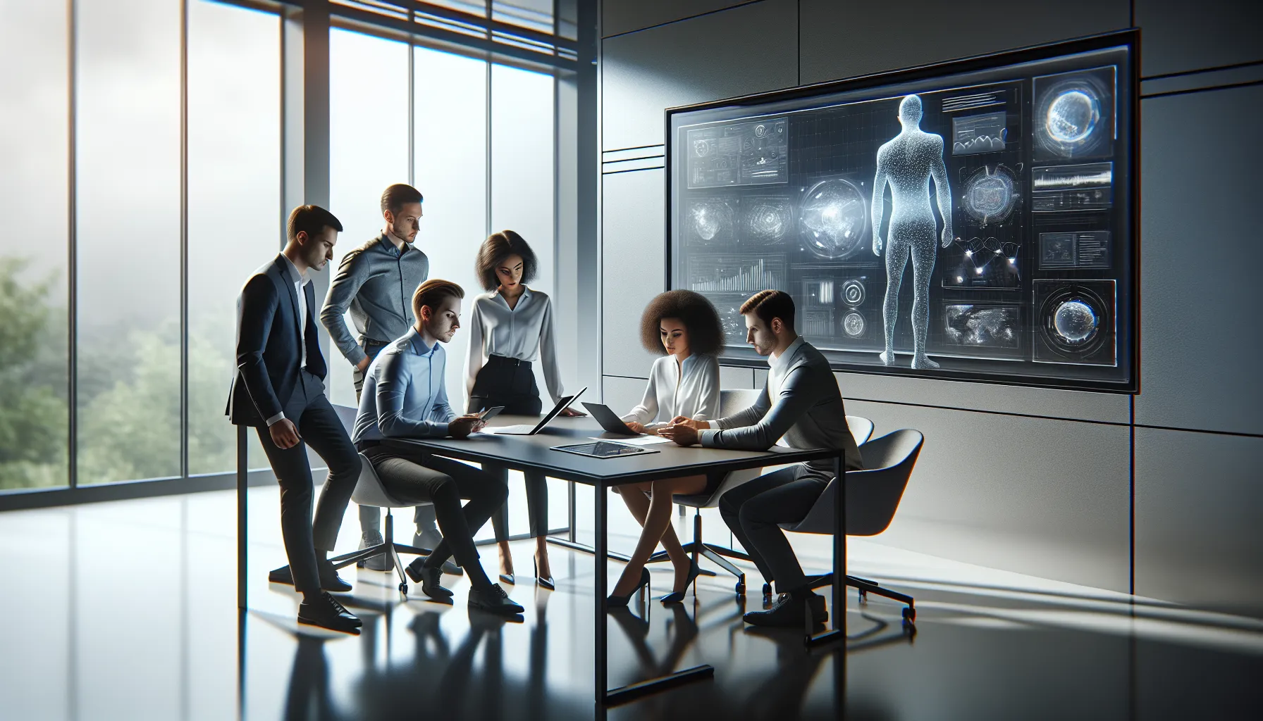 diverse team in a modern office discussing future trends in technology.