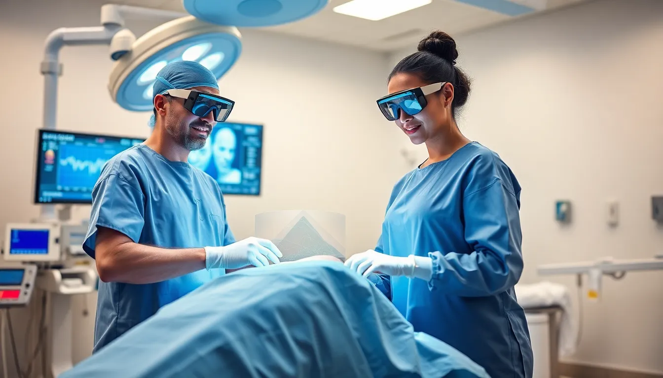 surgeons using augmented reality in an operating room.