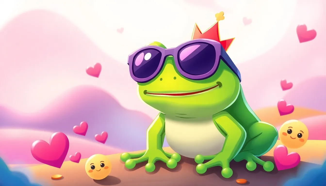 cheerful cartoon frog with accessories in a colorful digital background.