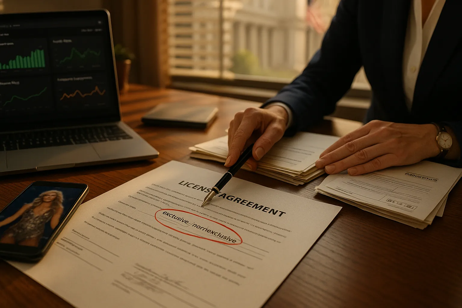 Attorney pointing at a circled contract clause with social metrics and pop-star photo nearby.