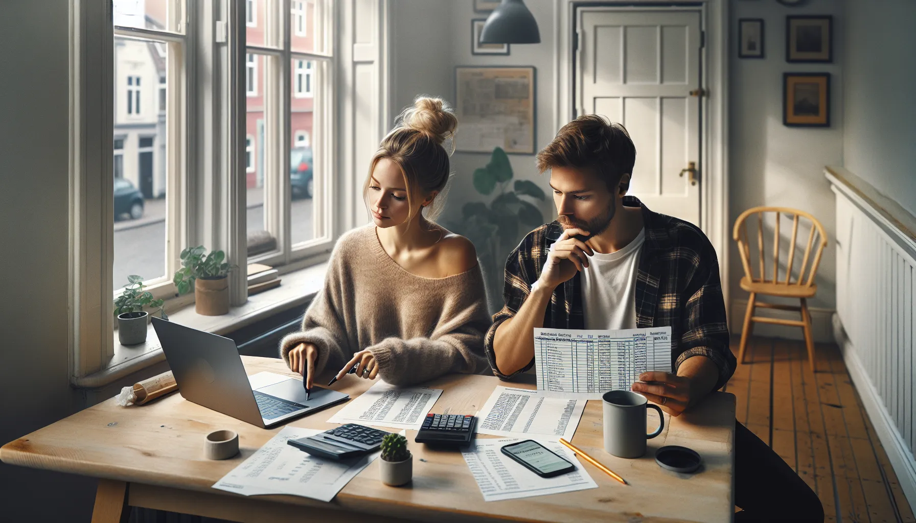 Young norwegian couple planning a realistic savings plan for home purchase.