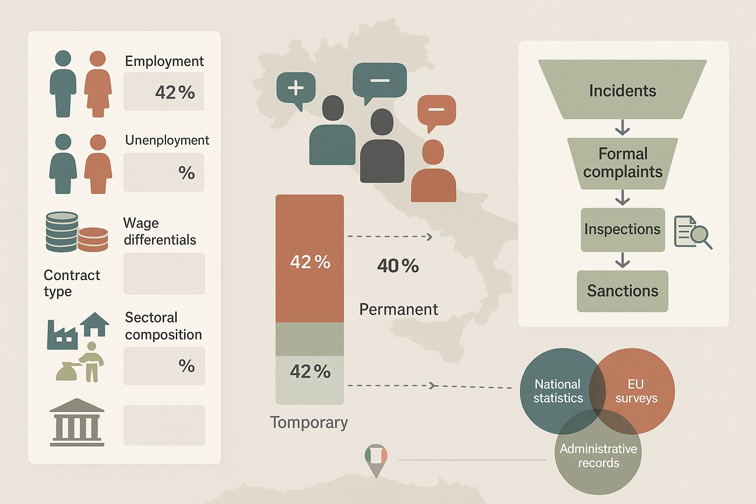 Infografica che mostra i dati sulla discriminazione sul lavoro e il gap di segnalazione in Italia.