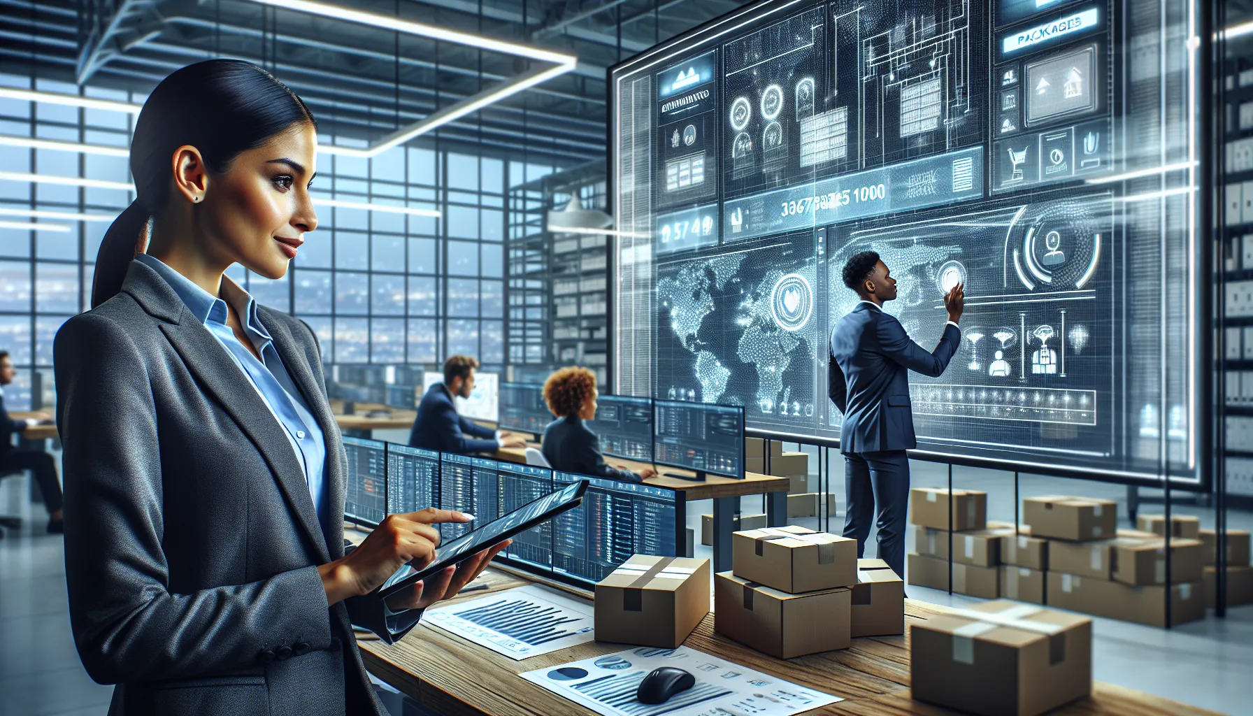 diverse team in a modern office managing logistics and telecommunications.