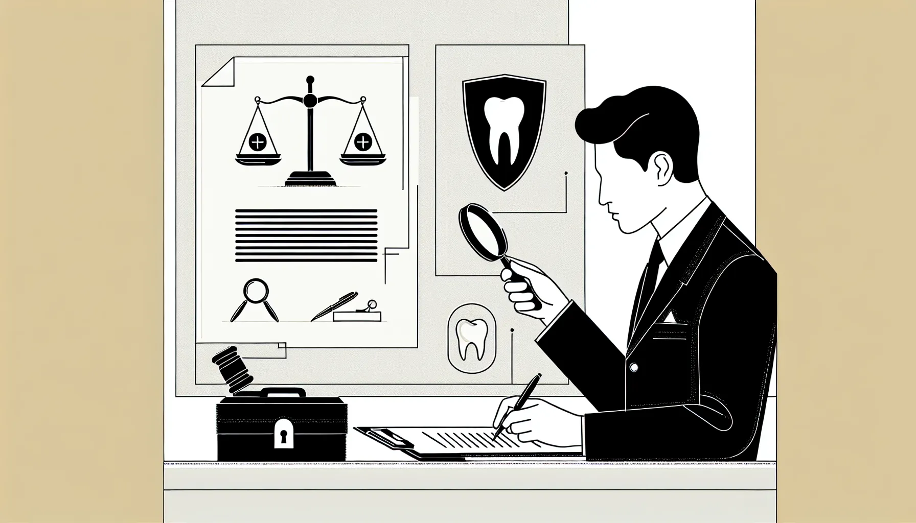Dentist examining a contract with Alabama outline and scales of justice of Alabama Dental Contract Review.