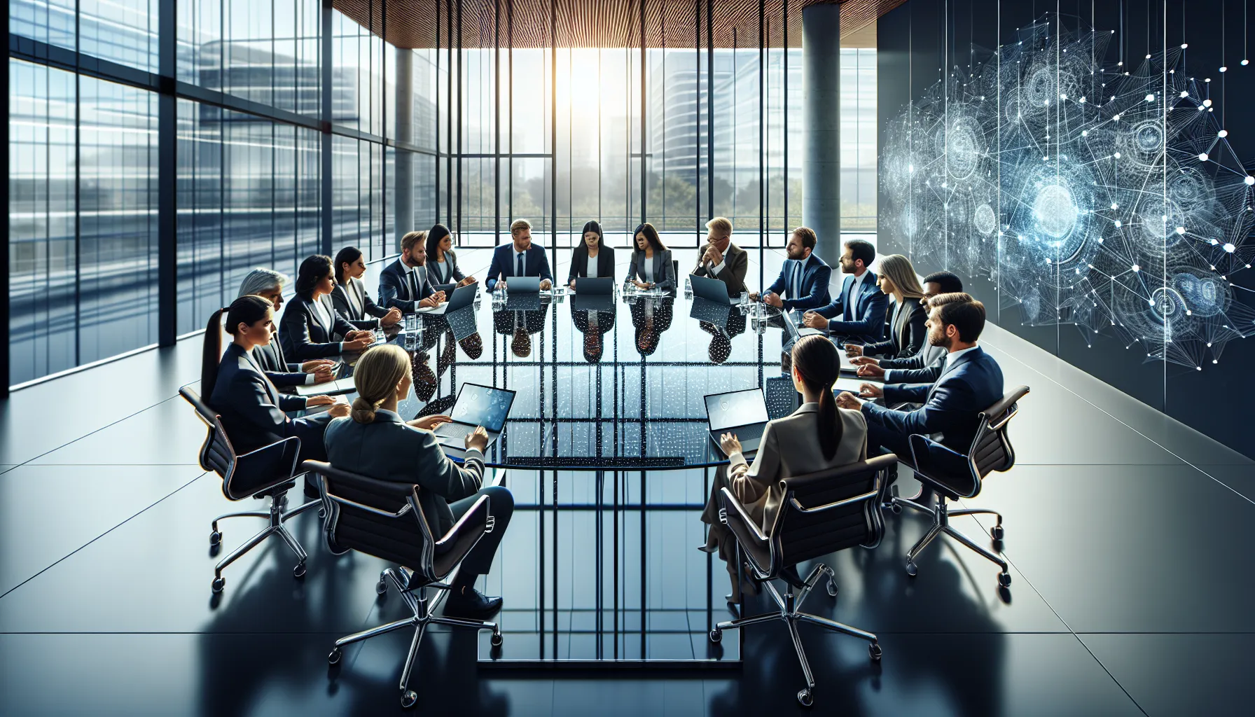 professionals brainstorming in a modern conference room.