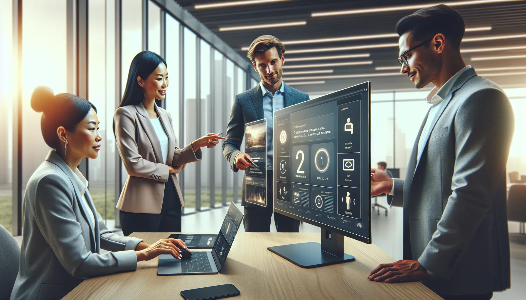 diverse team reviewing technology in a modern office.