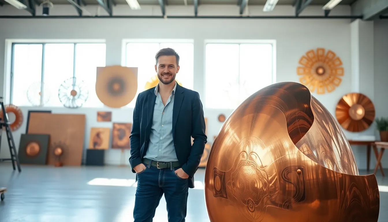 artist with copper sculpture in a modern studio.