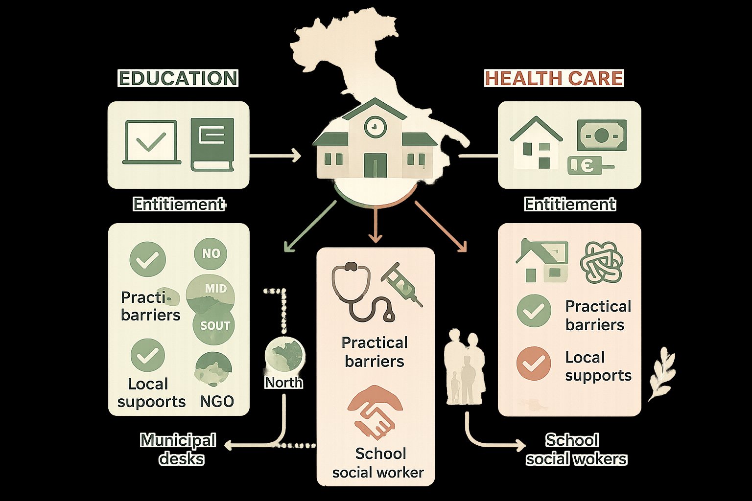 Diagramma che mostra la scuola come hub che collega istruzione, salute e servizi sociali per i giovani