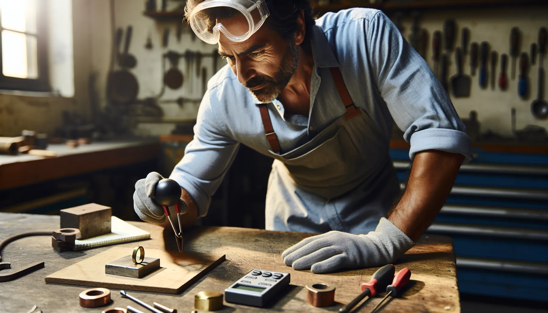 a man identifying brass and bronze using a magnet in a workshop.