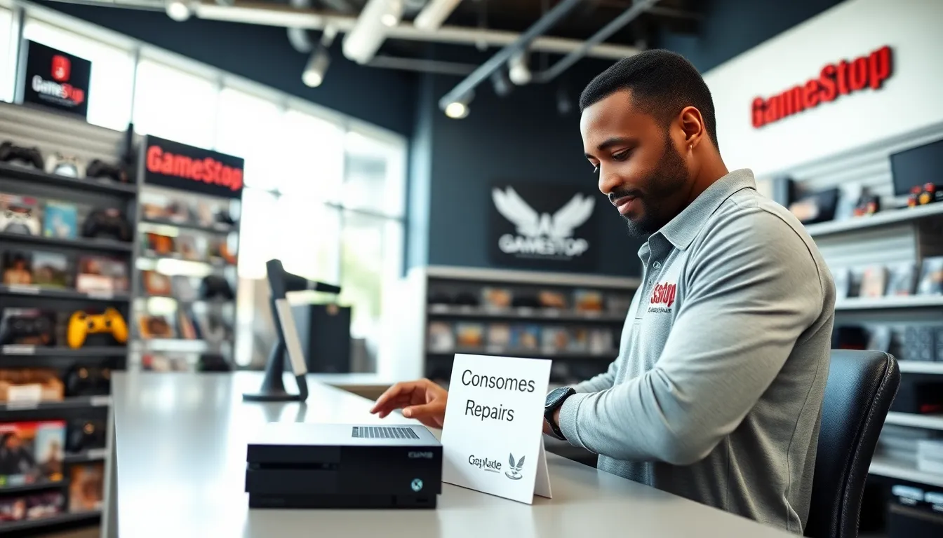 GameStop technician repairing a console at a modern store.