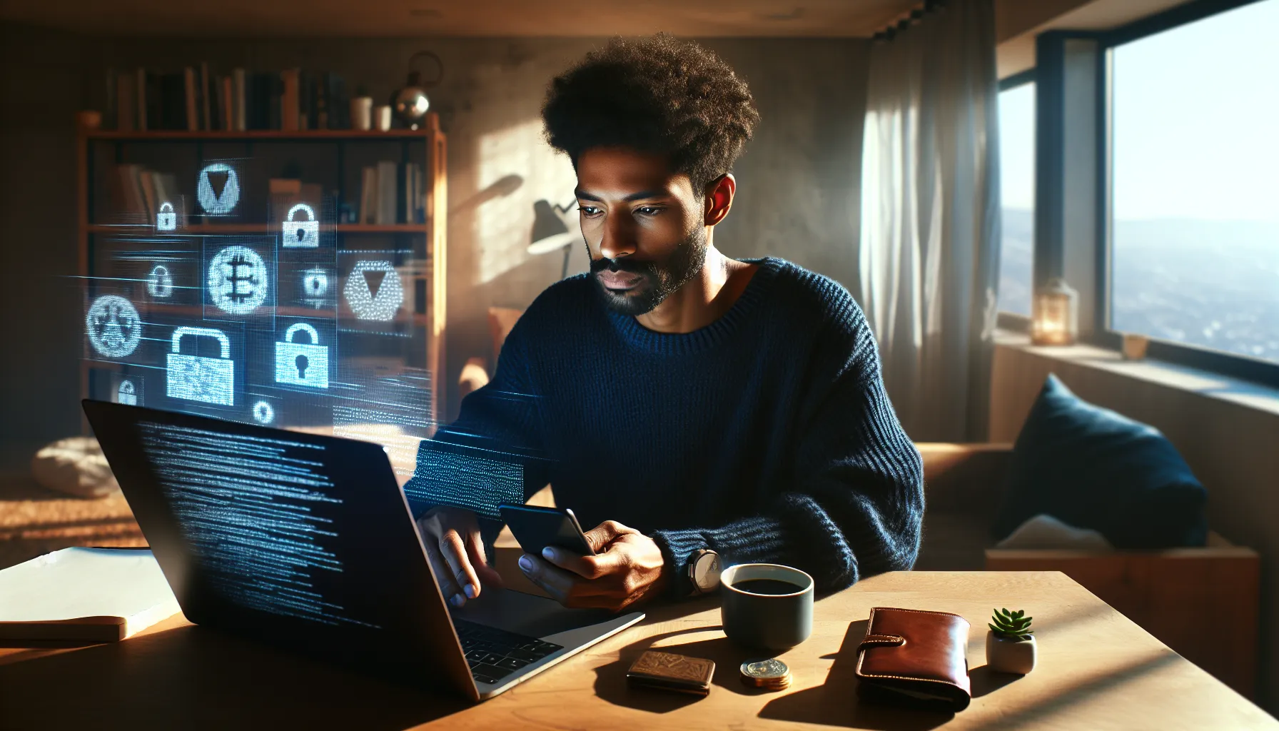 Person reviewing encrypted cryptocurrency wallet on laptop in home office setting.