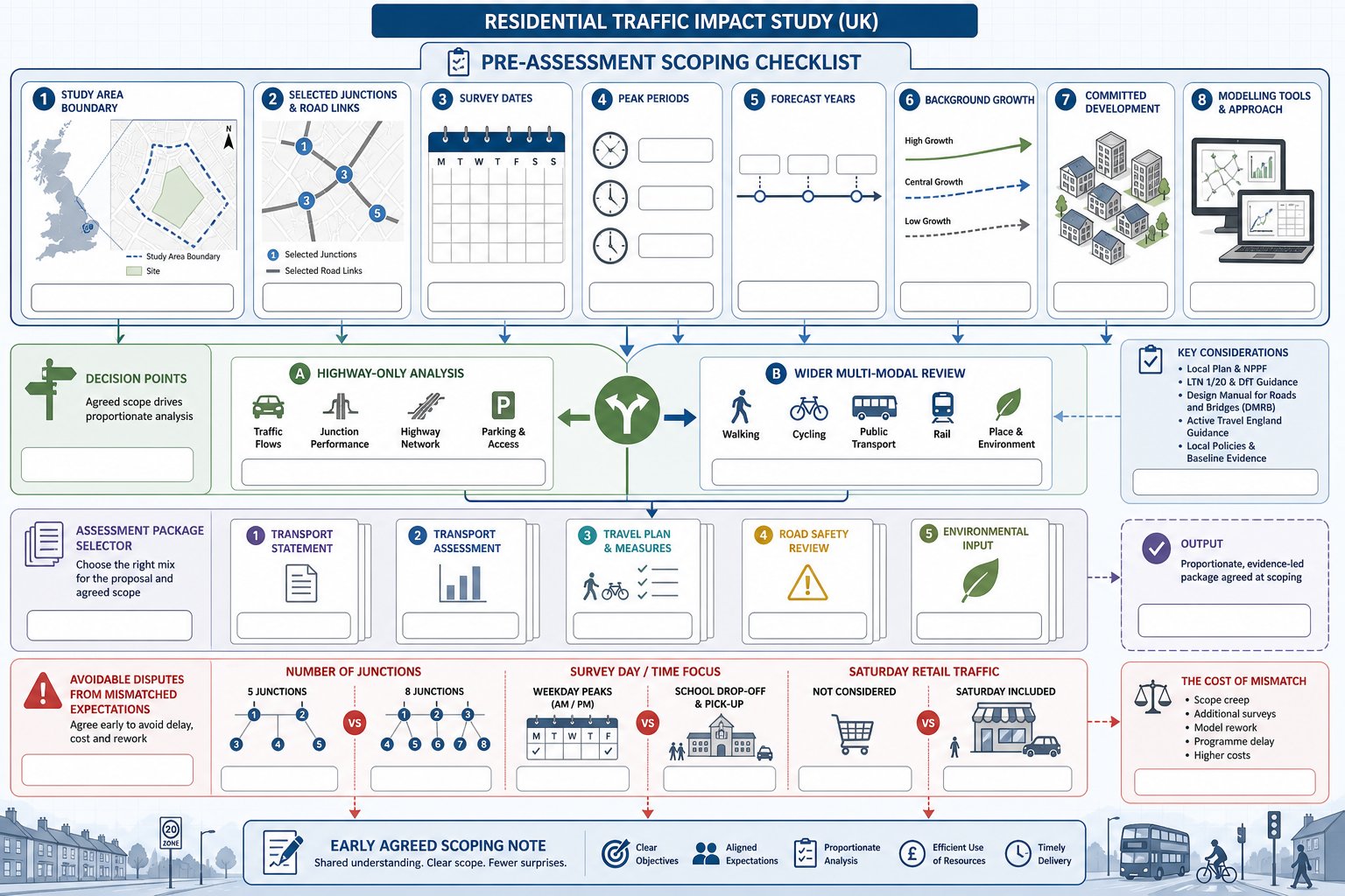 Infographic showing UK traffic study scoping steps before transport assessment begins.