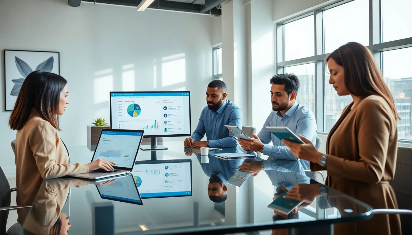 diverse team collaborating on social media strategy in a modern office.