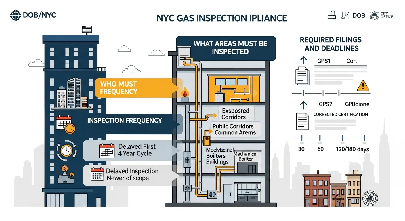 Infographic showing NYC building gas inspection requirements, areas, timing, and filing steps.