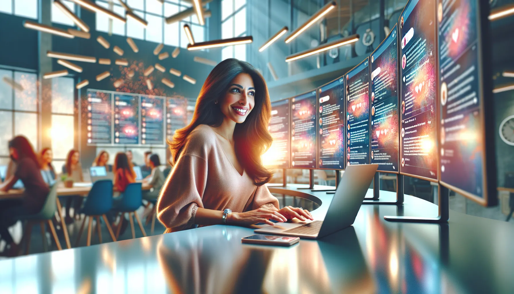 Naomi engaging with her followers in a modern office setting.