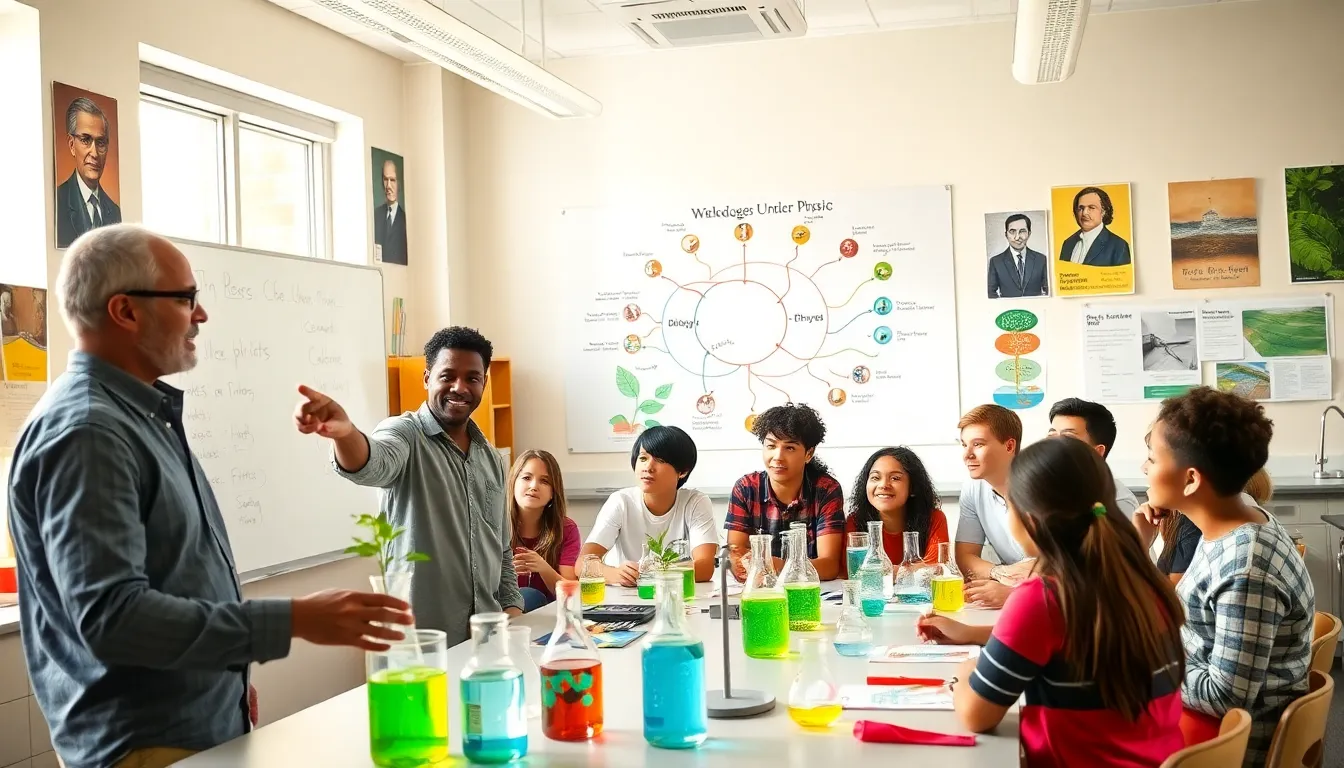 a diverse classroom with students engaged in integrated science education.