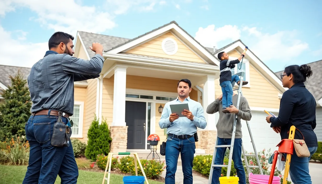 diverse professionals conducting exterior home maintenance tasks.