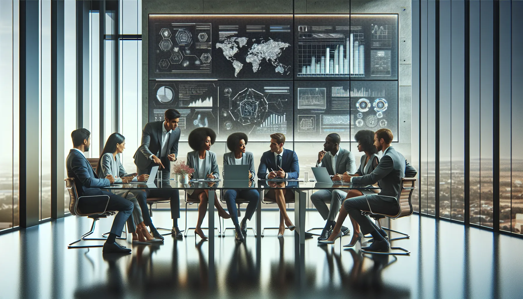 diverse professionals discussing fintech and telecom challenges in a modern office.