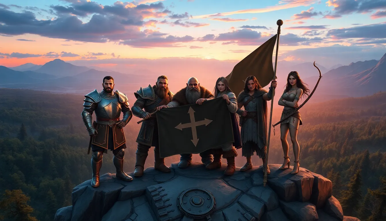 Alliance heroes united in a fantasy landscape with banners.