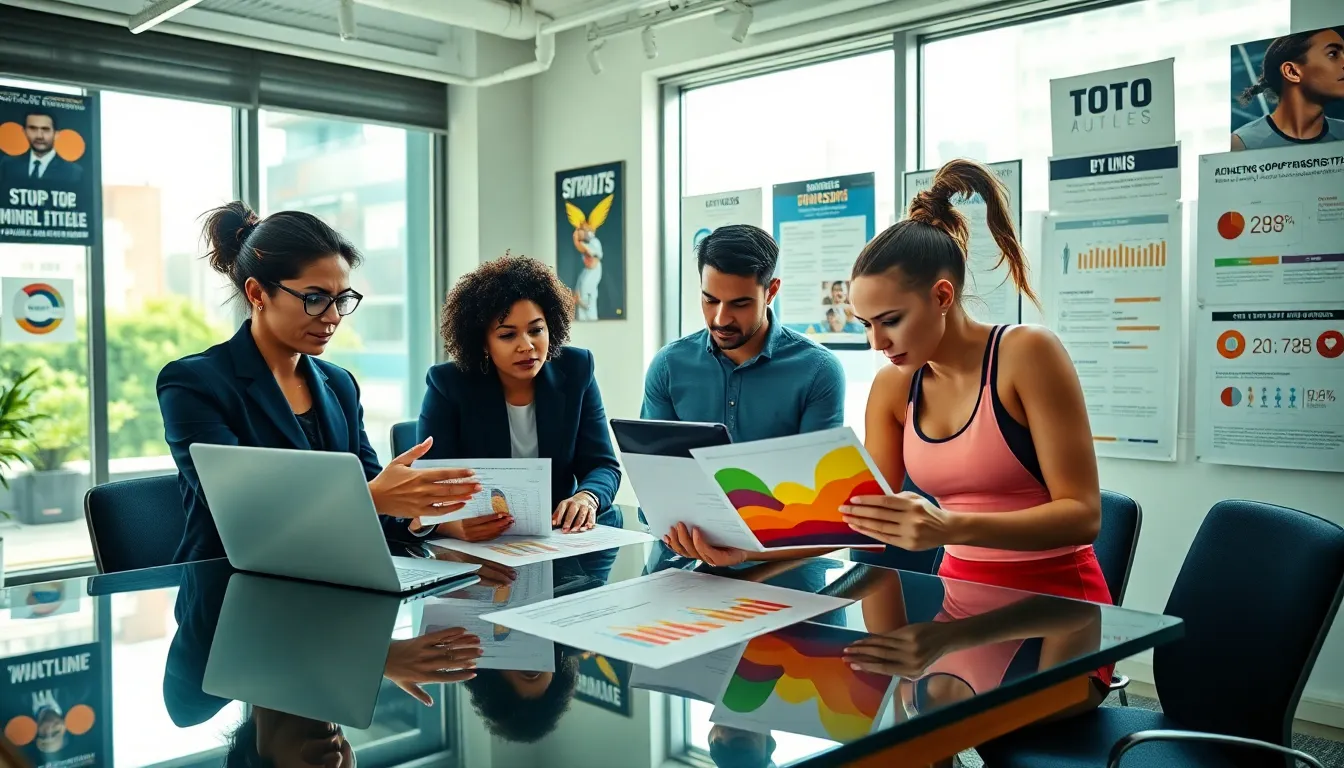 marketing professionals discussing rate competitions in a modern office.