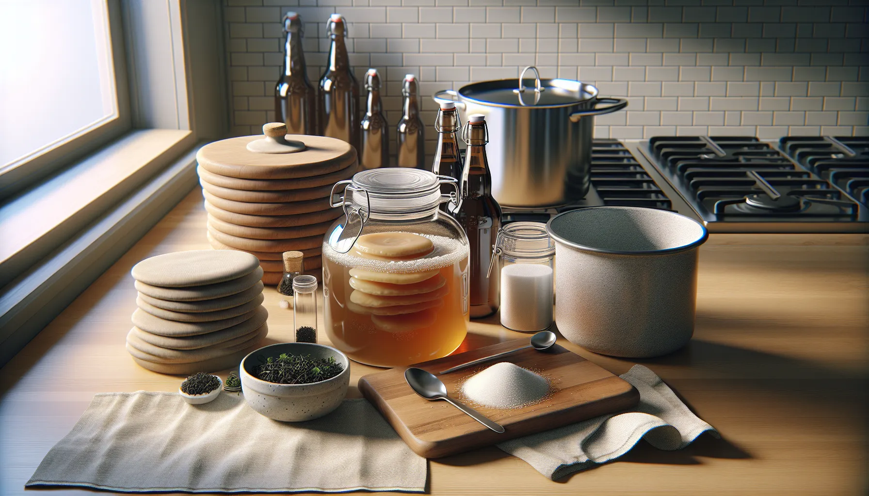 Slik lager du hjemmelaget kombucha – steg for steg 3 Clean norwegian kitchen counter with kombucha scoby, glass jars, tea, and sugar.