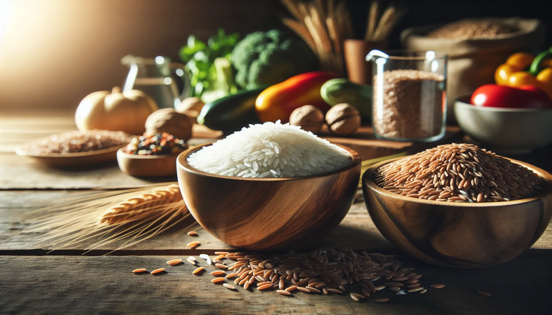 A comparison of rice and whole wheat grains in rustic bowls.